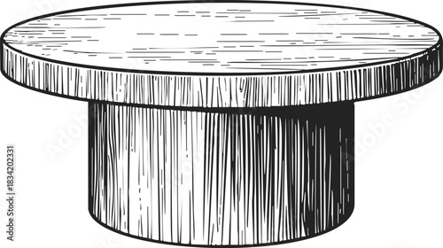 Round dining table sketch, hand drawn wood texture, modern pedestal base. Vector illustration