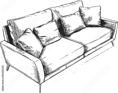 Sofa sketch hand drawn with cushions in modern living room style. Vector illustration