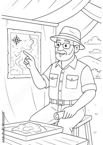 Coloring book Father archaeologist presenting ancient map inside research tent