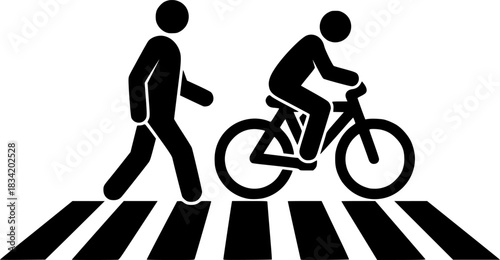 Pedestrian and Bicycle Crossing: A simple yet powerful icon representing a person walking and pushing a bicycle across a crosswalk. Emphasize safe pedestrian and cyclist interaction.
