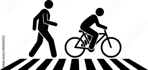 Pedestrian and Bicycle Crossing: A simple yet powerful icon representing a person walking and pushing a bicycle across a crosswalk. Emphasize safe pedestrian and cyclist interaction.

