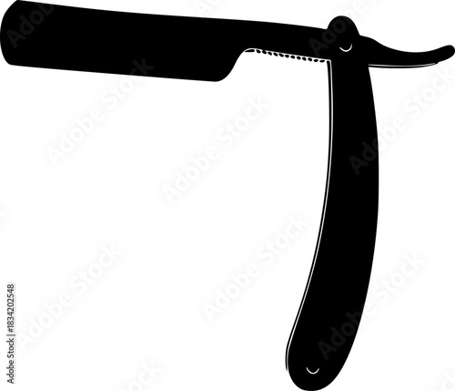 Black silhouette of a straight razor blade with a handle isolated on white background.
