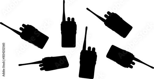 Five black walkie talkie radio communication devices shown in silhouette against a white background
