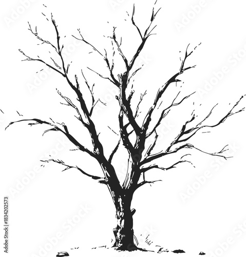 Bare tree sketch hand drawn with detailed branches and trunk. Vector illustration