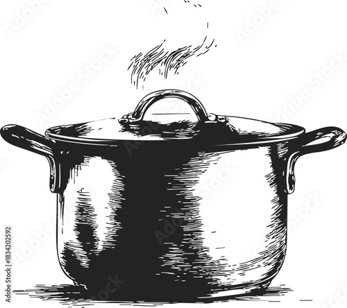 Stock pot sketch, hand drawn style, with lid and steam rising. Vector illustration