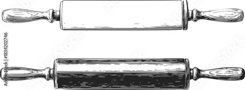 Rolling pin sketch hand drawn kitchen utensil with handles, vintage style. Vector illustration