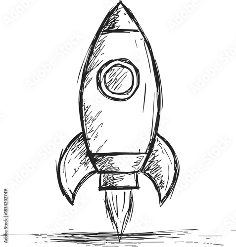 Rocket ship sketch hand drawn with porthole window and flames launching. Vector illustration