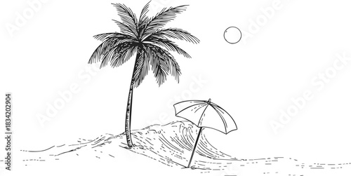 Palm tree sketch with beach umbrella on sandy shore, hand drawn summer scene. Vector illustration