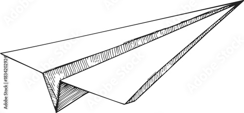 Paper plane sketch hand drawn style, simple folded origami glider. Vector illustration
