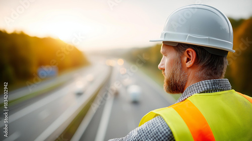 Faceless construction worker wearing protective hardhat and reflective high-visibility vest, currently working on high-speed highway construction location, infrastructure developme