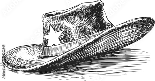 Cowboy hat sketch hand drawn with star badge and wide brim. Vector illustration