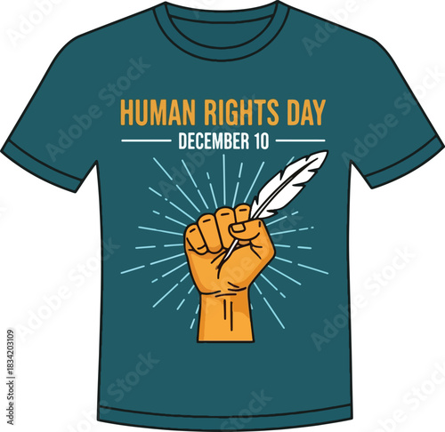 T shirt design for human rights day featuring a raised fist holding a quill pen symbolizing freedom and equality, Generative Ai