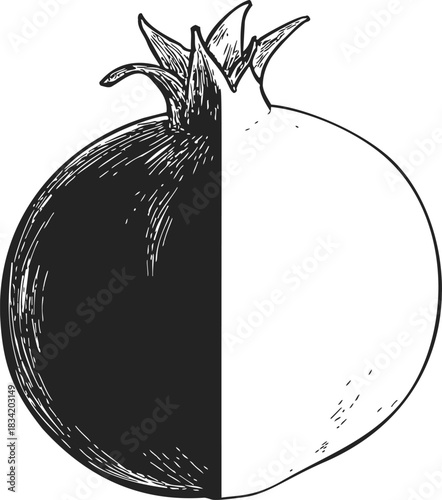 Pomegranate sketch hand drawn half black half white minimal fruit. Vector illustration
