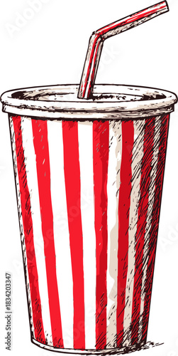 Soda cup with straw sketch, hand drawn red and white stripes. Vector illustration