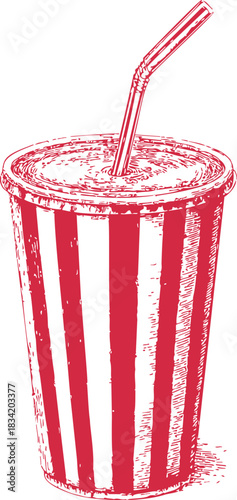 Soda cup sketch hand drawn with red stripes and straw. Vector illustration