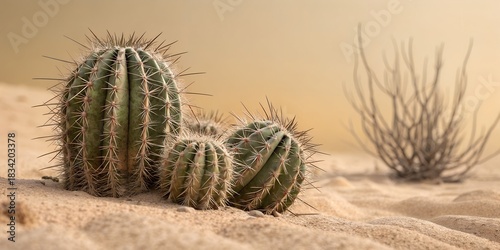 Fototapeta Naklejka Na Ścianę i Meble -  Desert cacti thriving in soft sand dunes with warm golden light perfect for travel blogs, nature documentaries, or a southwest-themed design