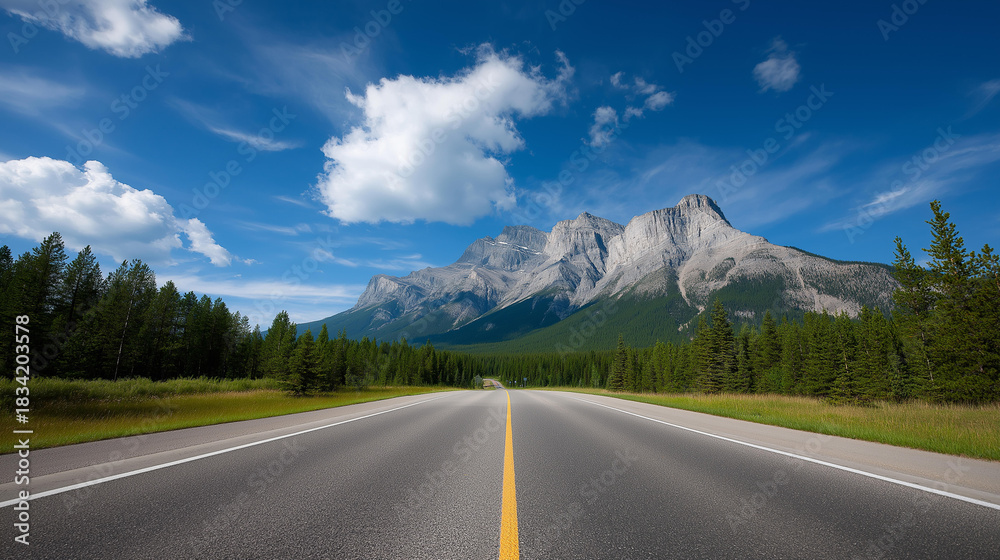 Naklejka premium Highway leading toward mountain range destination, alpine route, scenic mountain approach, elevated terrain travel, natural landscape journey, wilderness transportation corridor, p