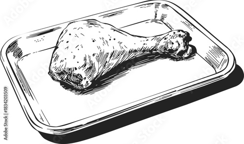 Chicken drumstick sketch on tray, hand drawn black and white food illustration. Vector illustration