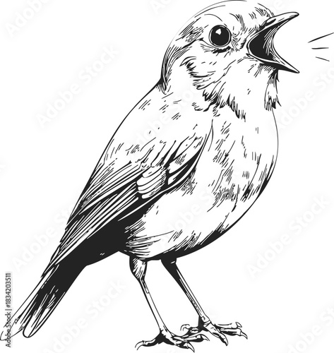 Singing bird sketch hand drawn style detailed line art. Vector illustration