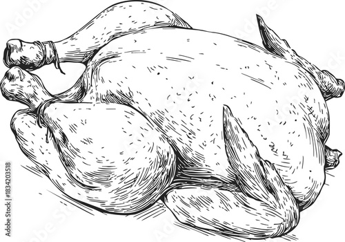 Whole chicken sketch hand drawn raw poultry isolated on white background. Vector illustration