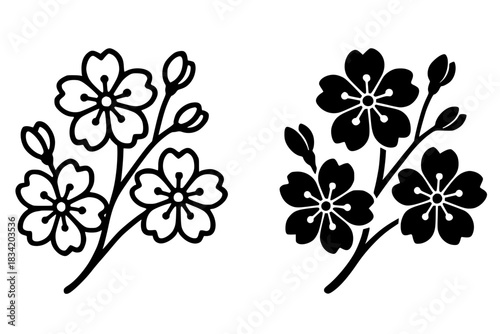 Icon for Chinese New Year, cherry blossom vector, outline and silhouette versions