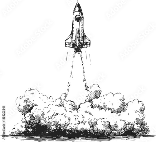 Rocket launch sketch, hand drawn space shuttle taking off with smoke clouds. Vector illustration