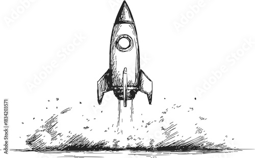 Rocket sketch hand drawn launching with smoke and dust clouds. Vector illustration