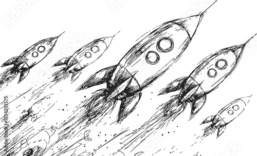 Rocket ships sketch hand drawn flying upward with smoke trails. Vector illustration