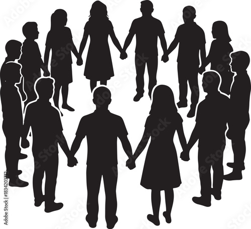 Diverse group of people holding hands in a circle symbolizing unity community and connection with a helping hand above, Generative Ai