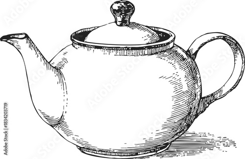 Teapot sketch hand drawn classic round teapot with lid and handle. Vector illustration