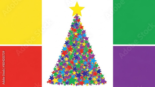 A vibrant christmas tree made of colorful stars with a bright yellow star on top is displayed against a white background with colorful blocks of yellow red green and purple on the sides