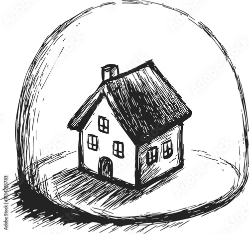 House under glass dome sketch, hand drawn illustration of protected home. Vector illustration