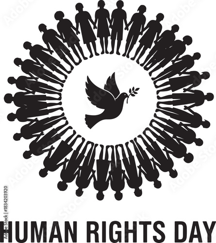 Symbolic illustration of human rights day featuring a circle of silhouetted people and a dove of peace, Generative Ai