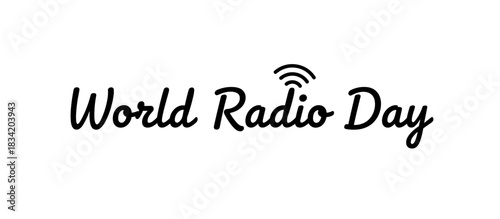 World Radio Day lettering with radio wave icon on white background  