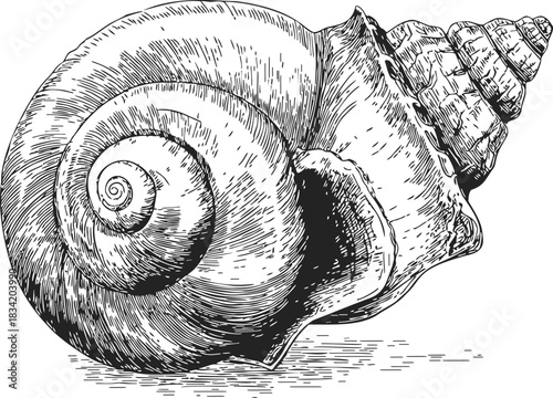 Sea shell sketch, hand drawn vector, detailed spiral conch shell illustration. Vector illustration