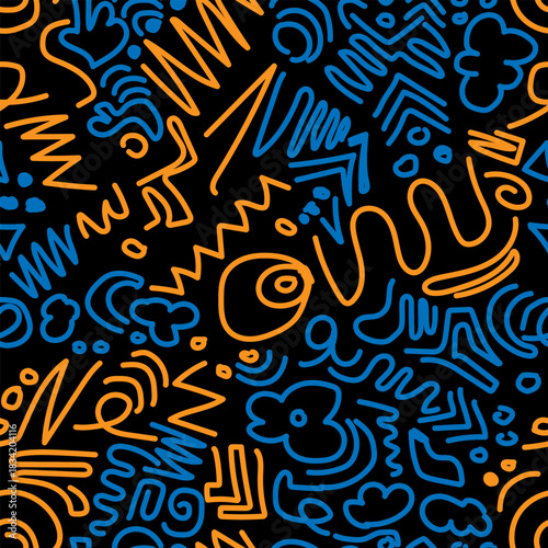 A seamless pattern with hand-drawn blue and orange doodles forming a scribbled abstract ornament on a dark background. Vector illustration for your designs.