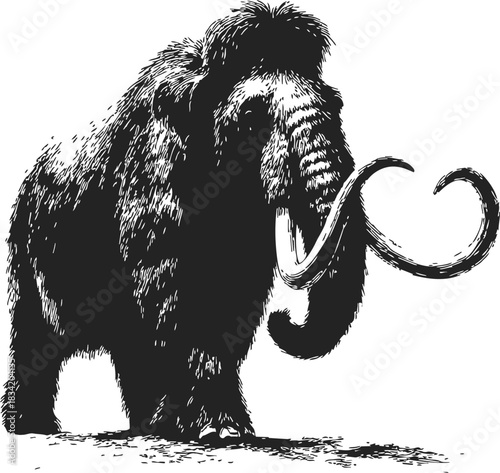 Woolly mammoth sketch, hand drawn vector, detailed fur and large curved tusks. Vector illustration