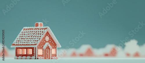 Gingerbread house decoration on a winter-themed background