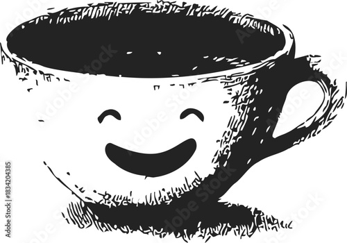 Smiling cup sketch hand drawn with happy face, black and white style. Vector illustration