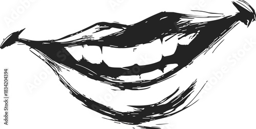 Smiling mouth sketch hand drawn with expressive brush strokes. Vector illustration