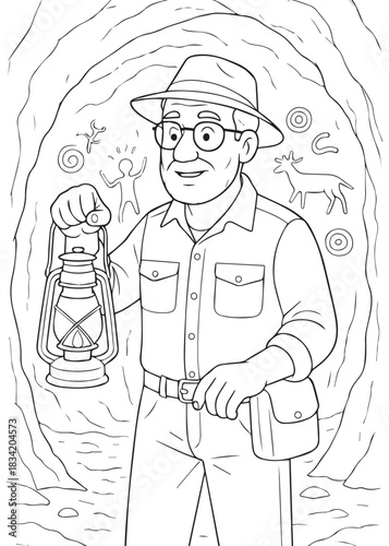 Coloring book Father archaeologist exploring cave paintings with lantern