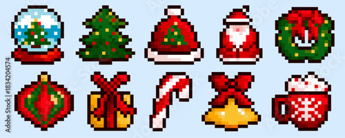 Retro pixel 8 bit Christmas icons set with snow globe, tree, Santa, hat, wreath, ornament, gift, candy cane, bell and cocoa mug on light background, for stickers, patterns and holiday projects.