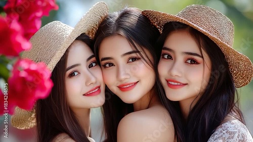 Three Elegant Women in Straw Hats Floral Beauty Summer Style.