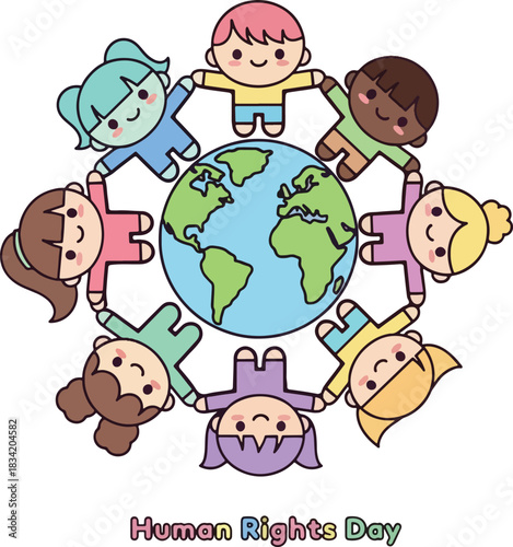 Diverse group of happy children from around the world holding hands around a vibrant planet earth, Generative Ai