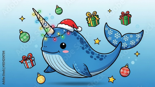 Cute cartoon narwhal wearing a santa hat and decorated with christmas lights and ornaments surrounded by gifts and stars celebrating the holiday season underwater