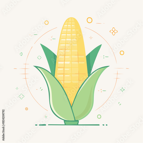 A Vibrant Yellow Corn Cob With Green Leaves Stands Centered Against A Light Cream Background Surrounded By Abstract Geometric Shapes And Dotted Lines