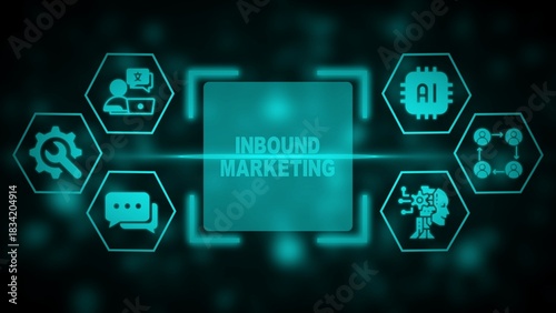 Teal Inbound Marketing concept with A I and communication icons on dark background marketing strategy