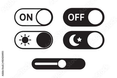Set of minimalist toggle switch icons showing on off controls, brightness modes, light dark settings, and sliding interface elements