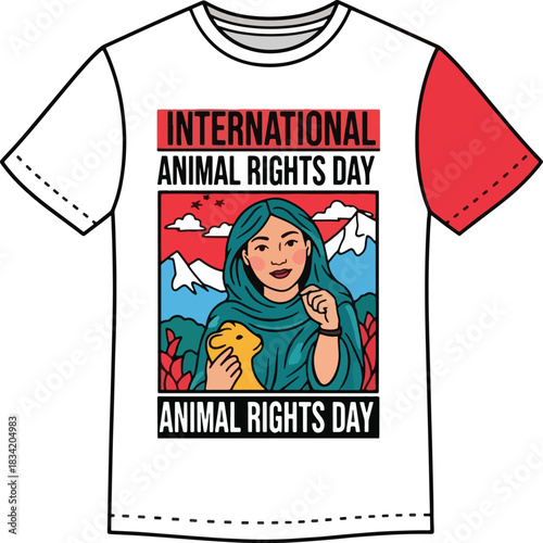 T shirt design for international animal rights day with a woman and mountains, Generative Ai