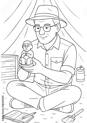 Coloring book Father archaeologist sitting and studying ancient statue artifact